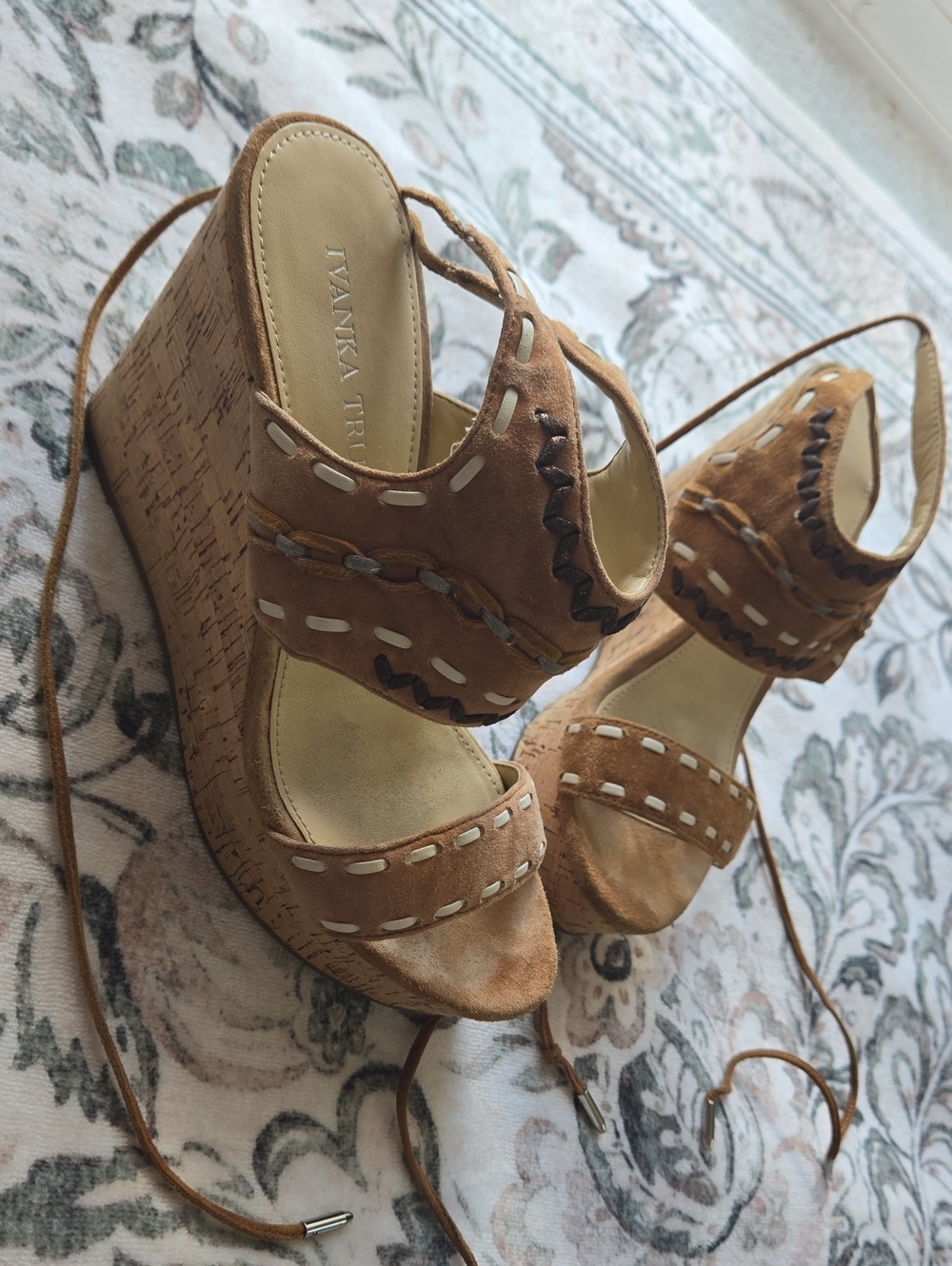 Ivanka Trump Tan Suede Cork Lace-Up Wedge Sandals